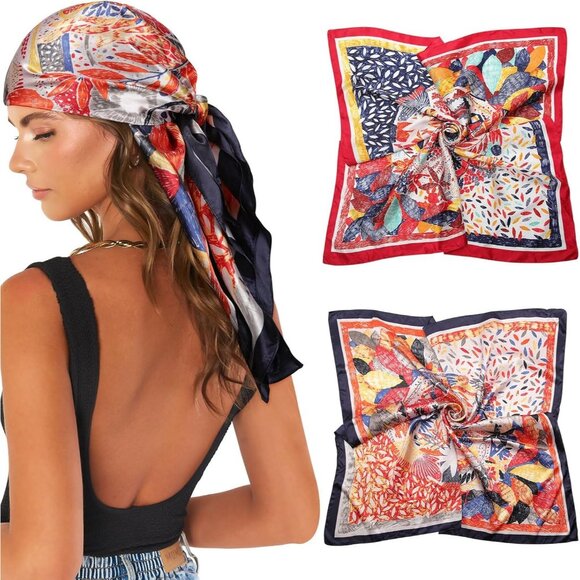 Accessories - 35 Inch Silk Head Scarf 2 Pcs Floral(navy/Red)